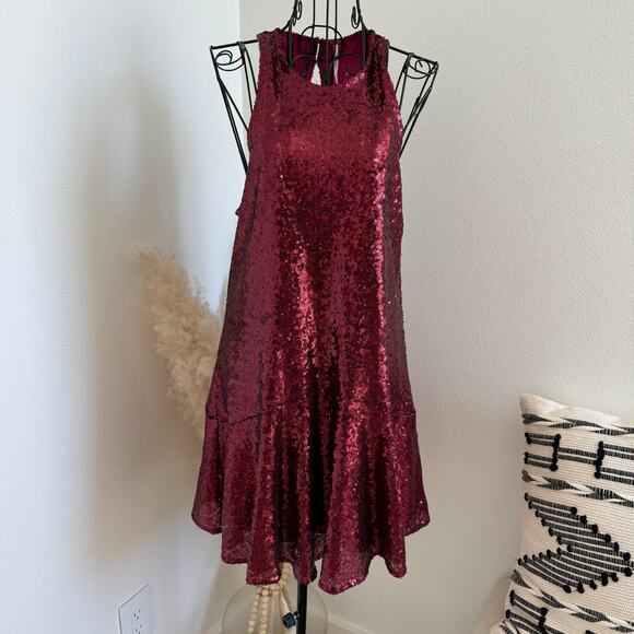 FREE PEOPLE Liquid Shine Sequin Sleeveless Swing Mini Dress Ruby Red Small NEW - Picture 3 of 13